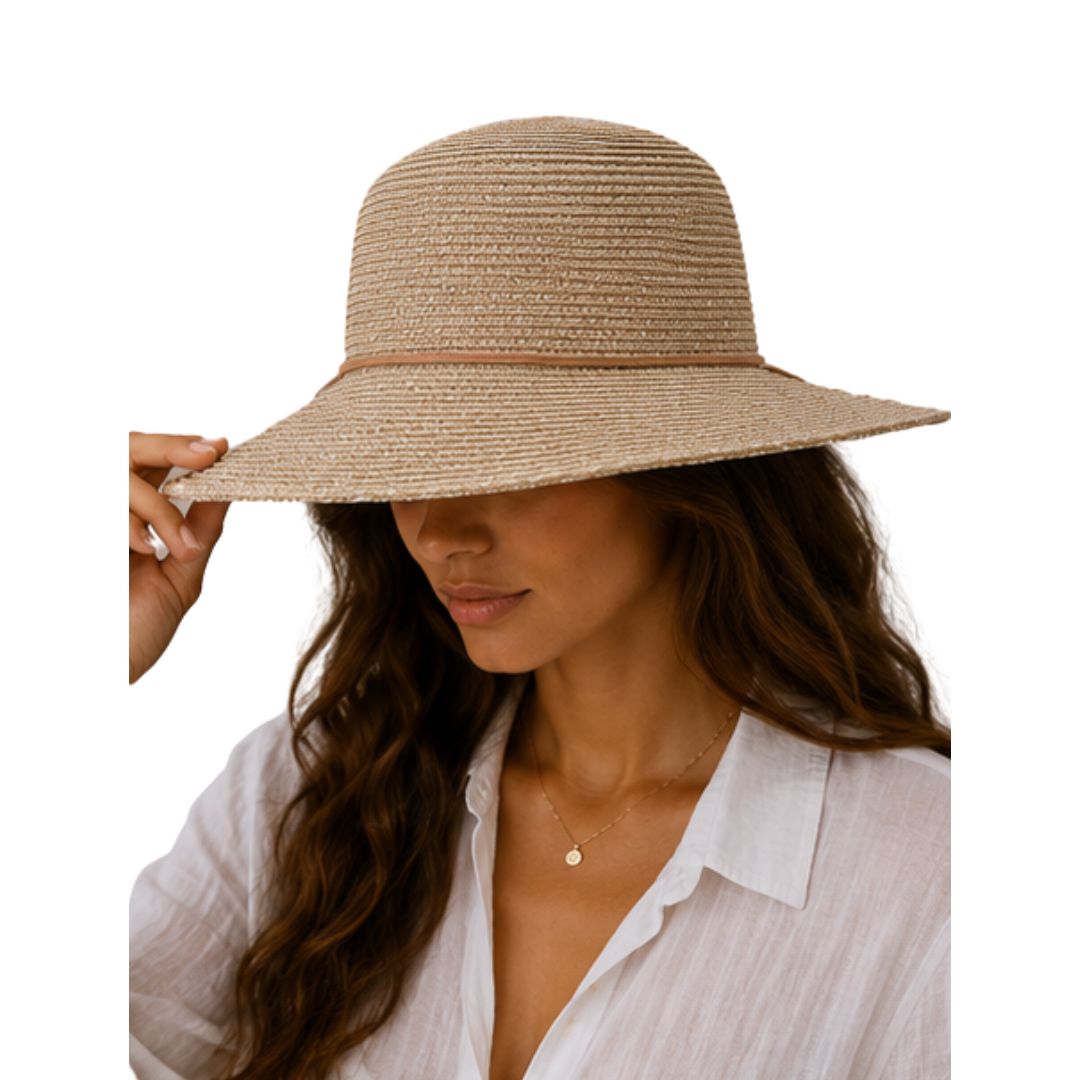 Cappello donna a tesa larga in paglia e filo laminato con fiocco Made in Italy