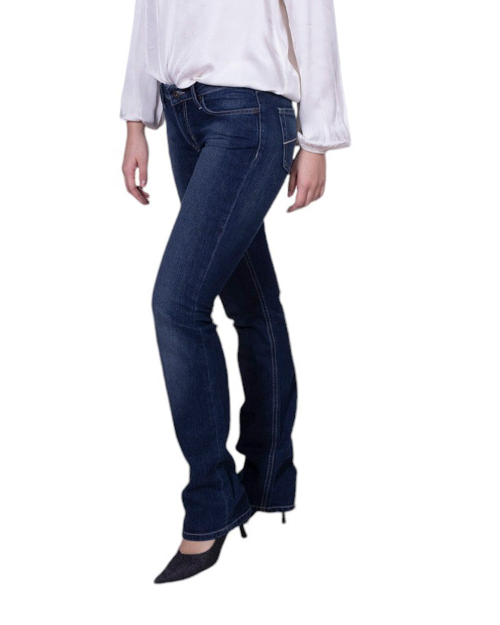 Jeans donna U/F bootcut a vita bassa in denim stretch con taglio svasato