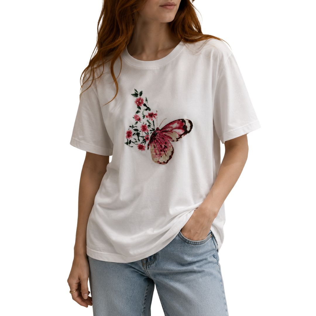 T-shirt donna manica corta, con farfalla e paillettes e corallini Made in Italy