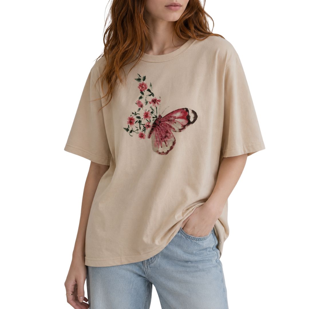 T-shirt donna manica corta, con farfalla e paillettes e corallini Made in Italy