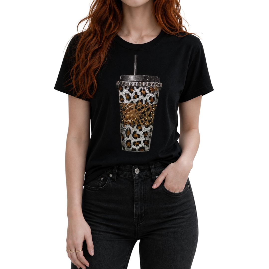 T-shirt donna manica corta motivo starbucks leopard decorata con strass dorati