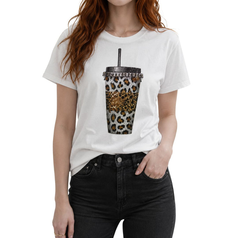 T-shirt donna manica corta motivo starbucks leopard decorata con strass dorati