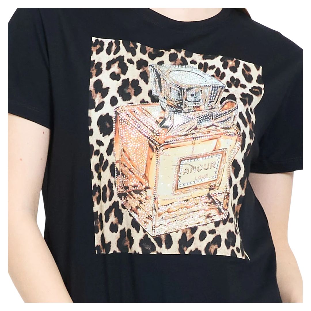T-shirt donna manica corta motivo boccetta di profumo leopardata dorata