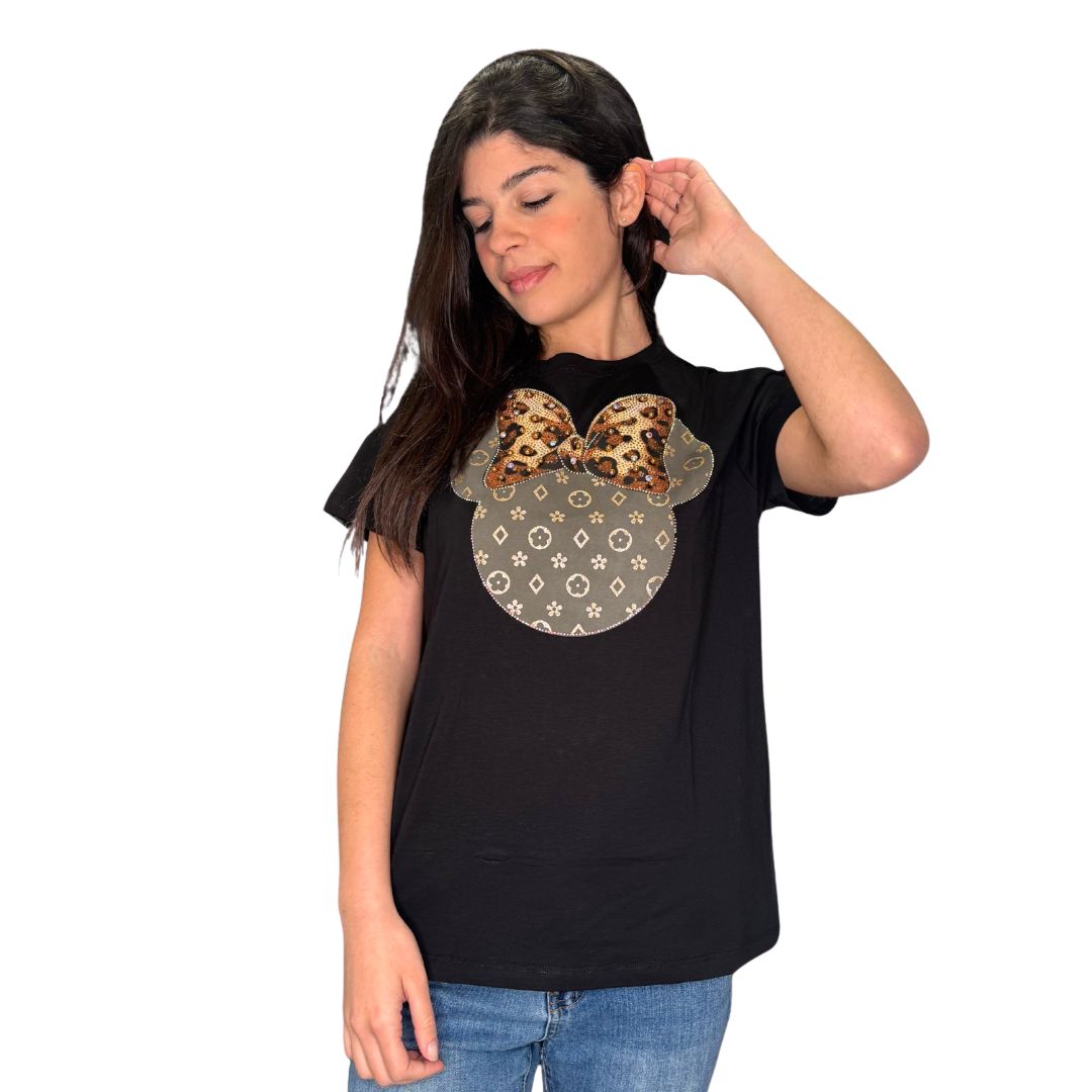 T-Shirt donna con stampa Minnie con maculato, strass e perline Made in Italy