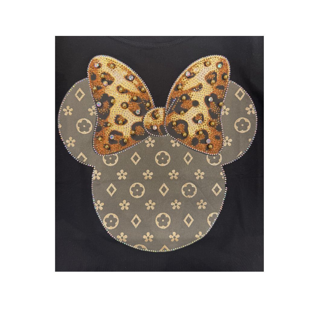 T-Shirt donna con stampa Minnie con maculato, strass e perline Made in Italy