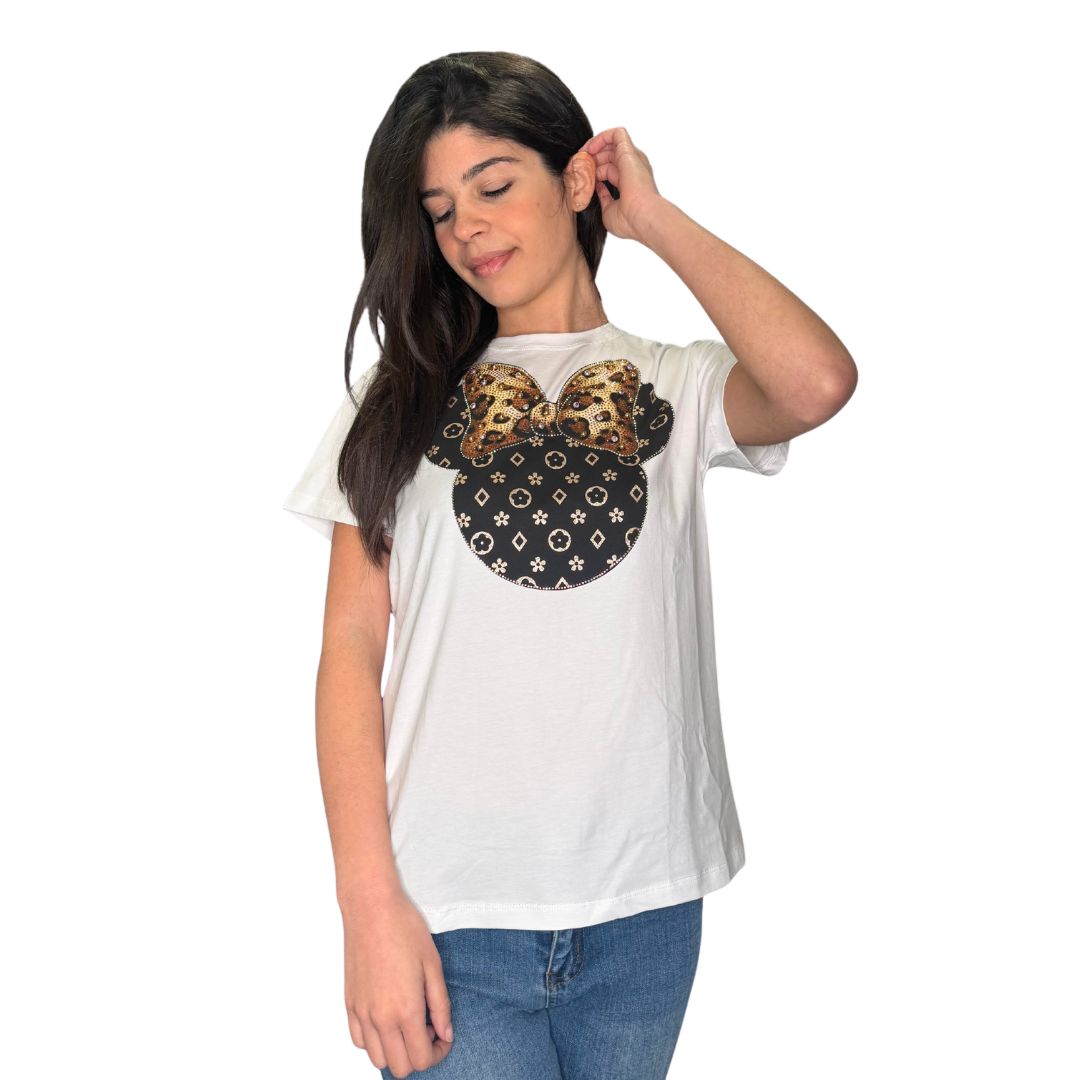 T-Shirt donna con stampa Minnie con maculato, strass e perline Made in Italy