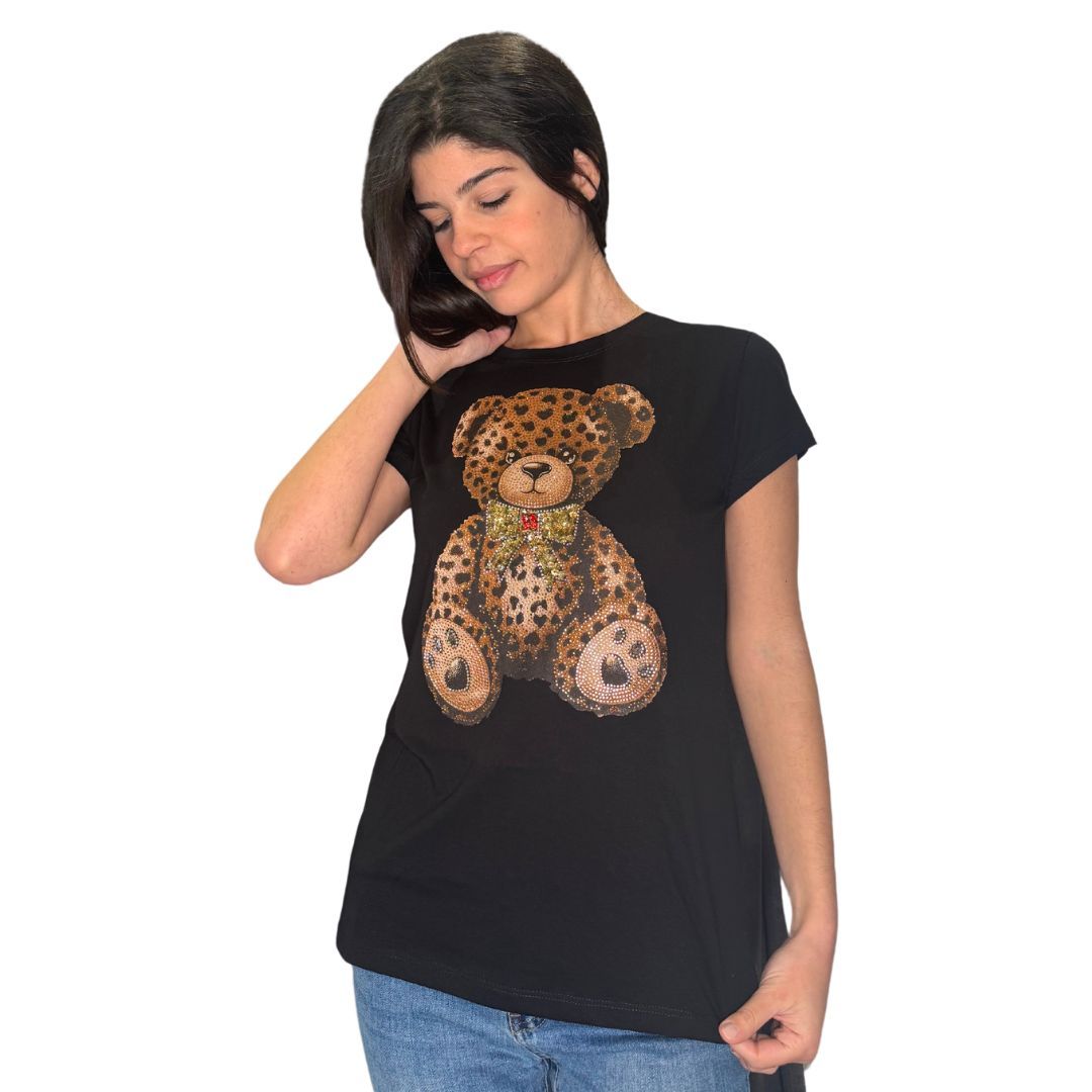T-Shirt donna con stampa orsetto leopardato e fiocco con strass Made in Italy