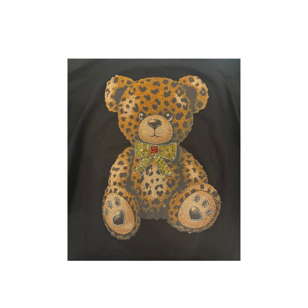 T-Shirt donna con stampa orsetto leopardato e fiocco con strass Made in Italy