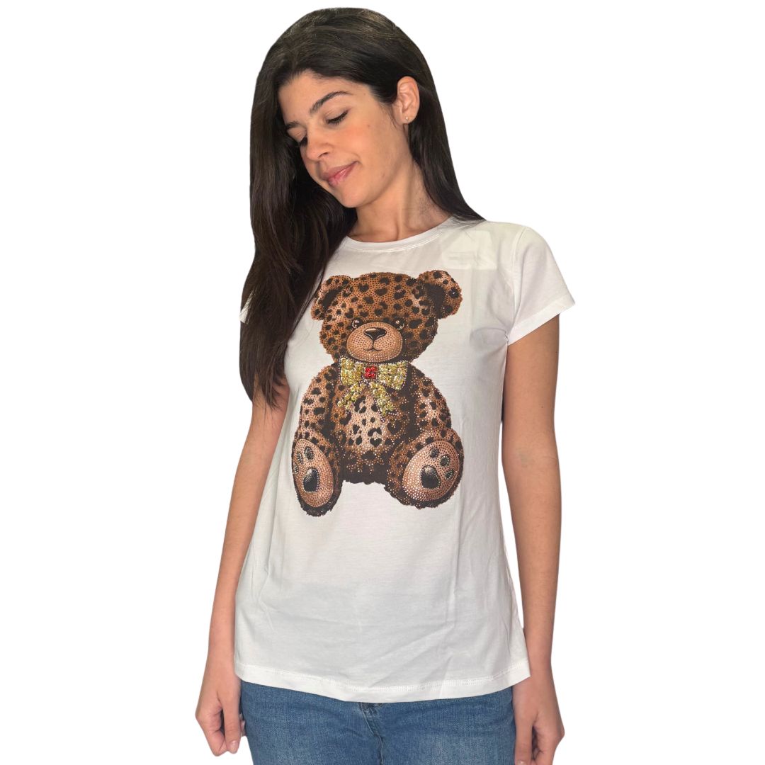 T-Shirt donna con stampa orsetto leopardato e fiocco con strass Made in Italy