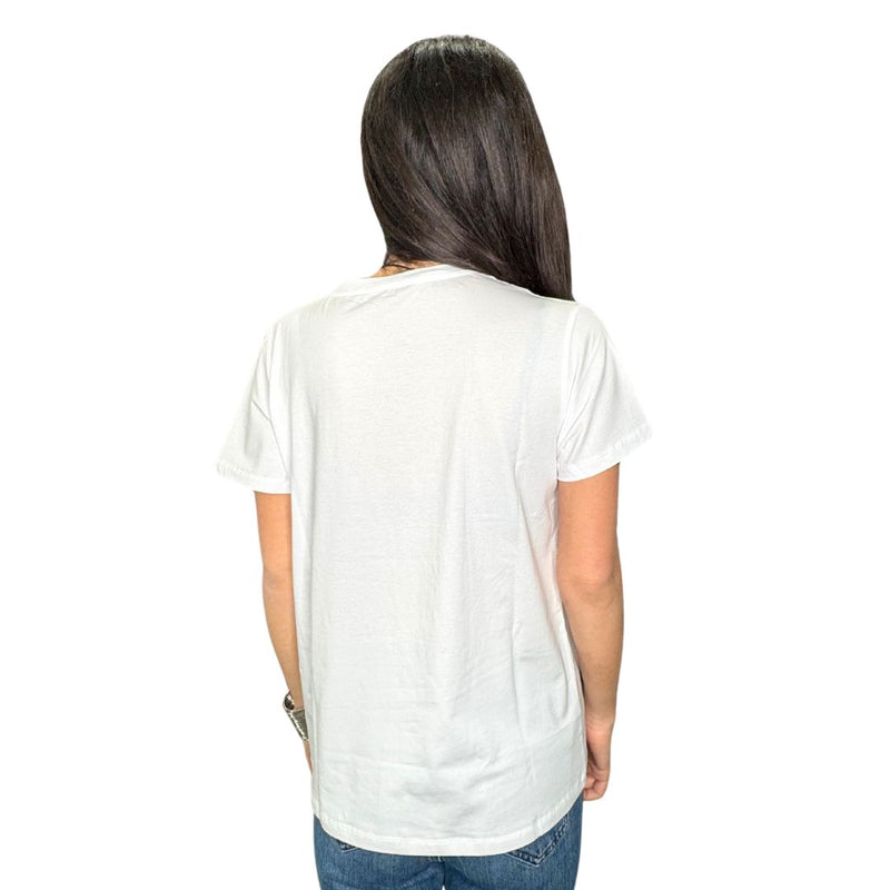 T-shirt donna a maniche corte con stampa orsetto beige con strass in cotone