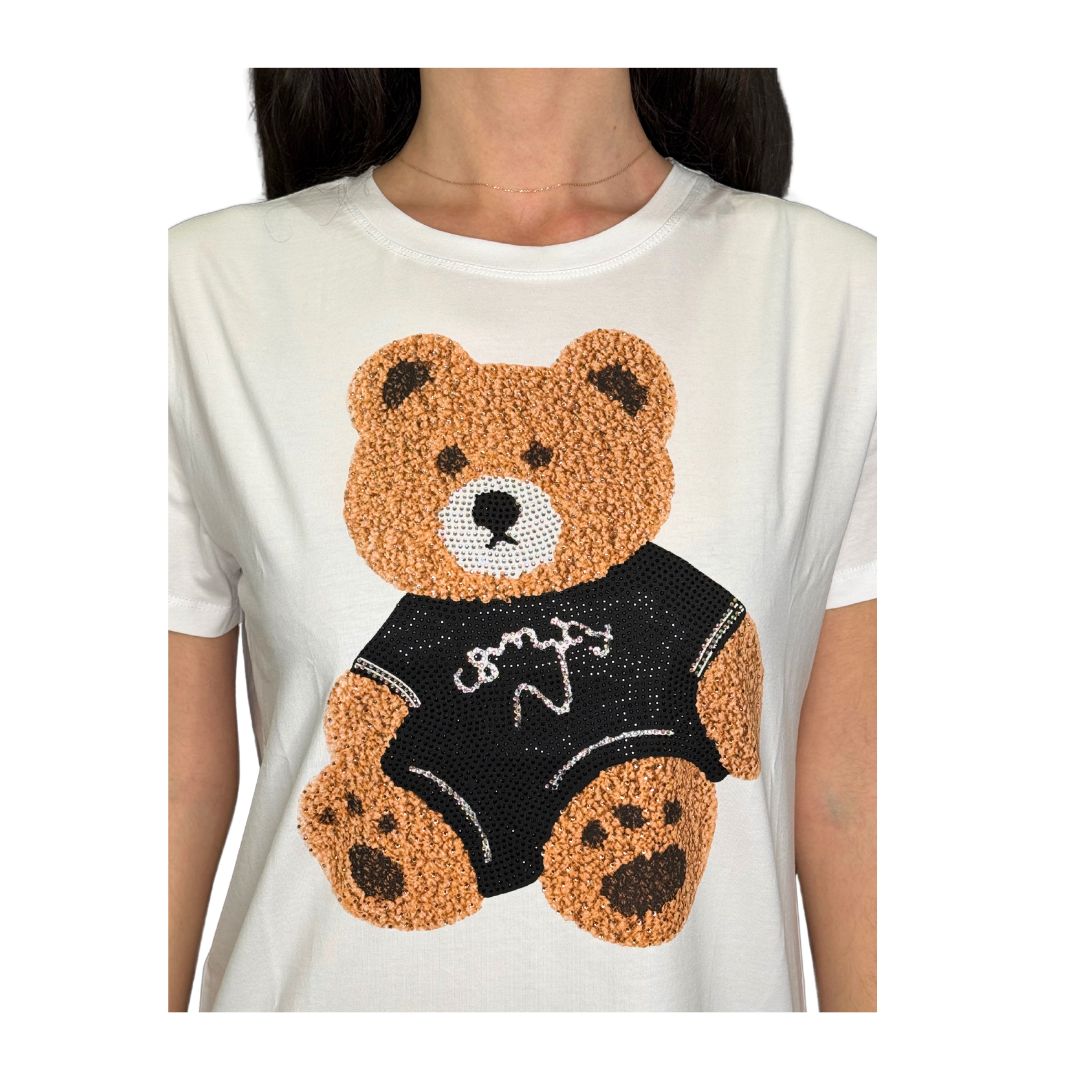T-shirt donna a maniche corte con stampa orsetto beige con strass in cotone