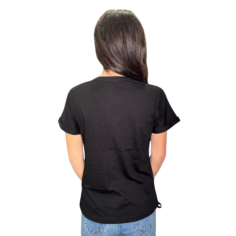 T-Shirt donna girocollo a maniche corte,  con ricamo di fiori ad intaglio