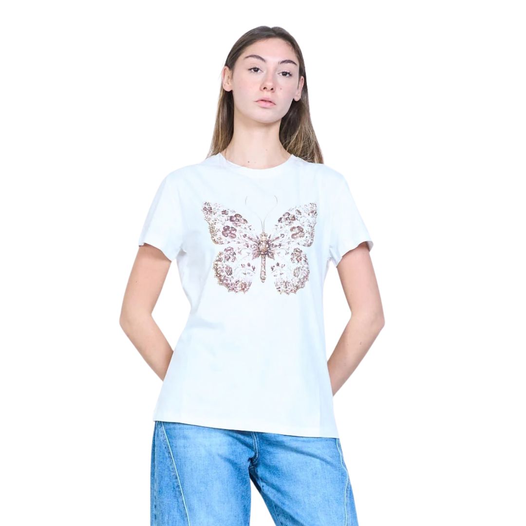 T-shirt donna a maniche corte con disegno farfalla e strass