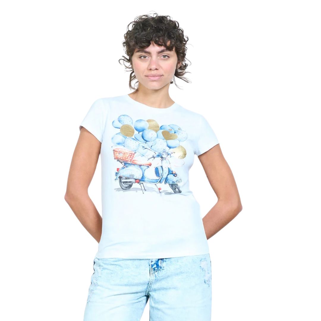 T-shirt donna a maniche corte con disegno vespa, palloncini e cuori con strass