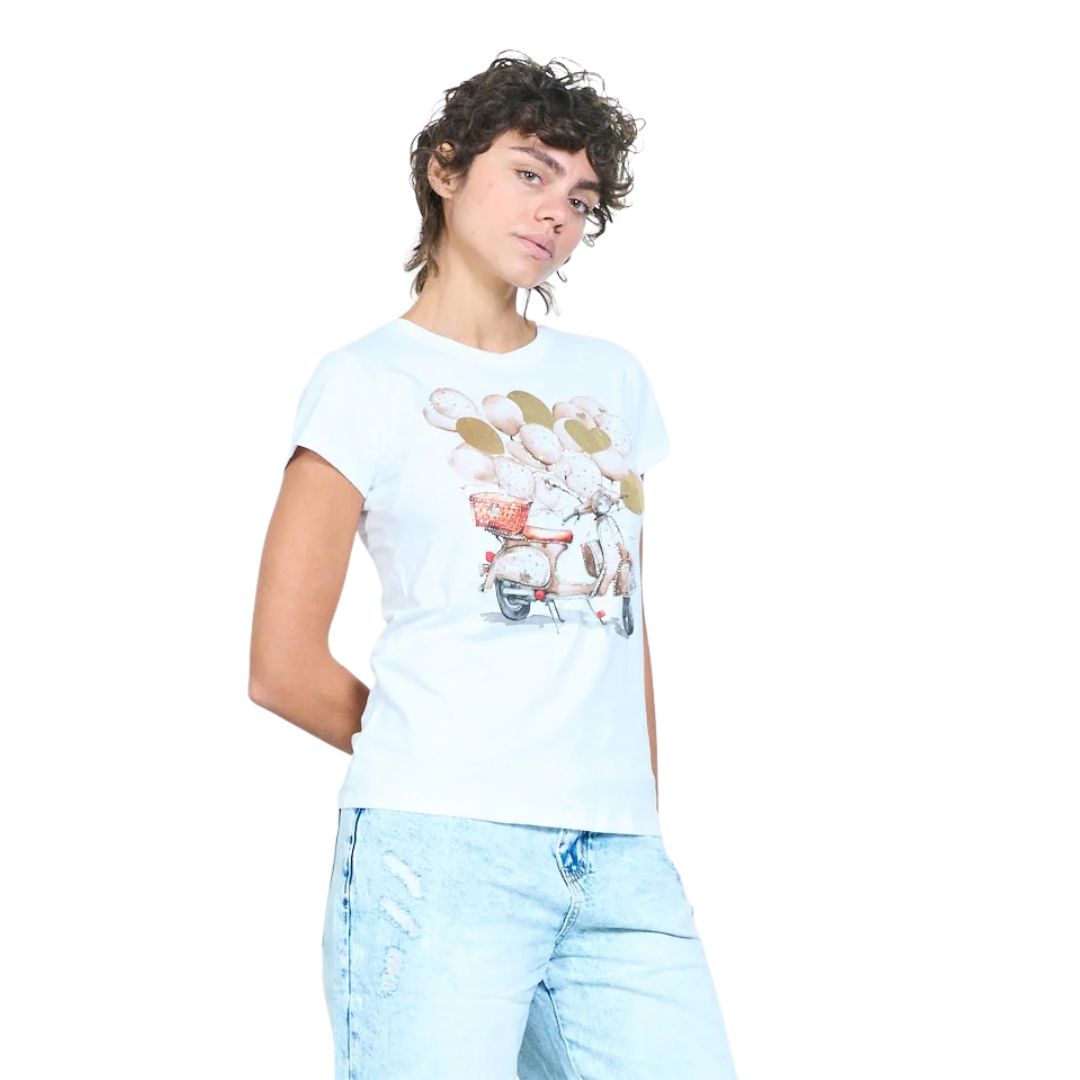 T-shirt donna a maniche corte con disegno vespa, palloncini e cuori con strass