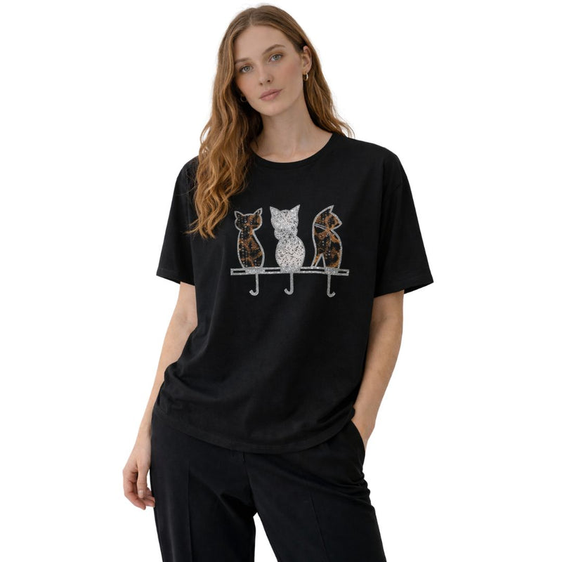 T-shirt donna a maniche corte fantasia sagome gatti con paillettes e strass
