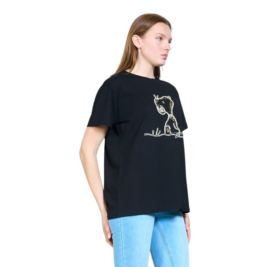 T-shirt donna a maniche corte con ricamo Snoopy e paillettes Made in Italy
