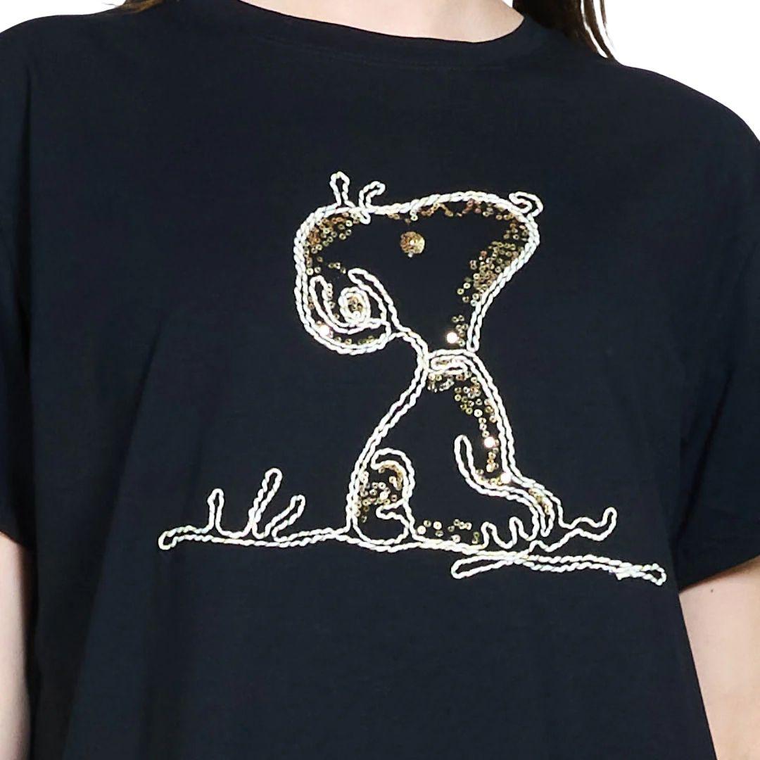 T-shirt donna a maniche corte con ricamo Snoopy e paillettes Made in Italy