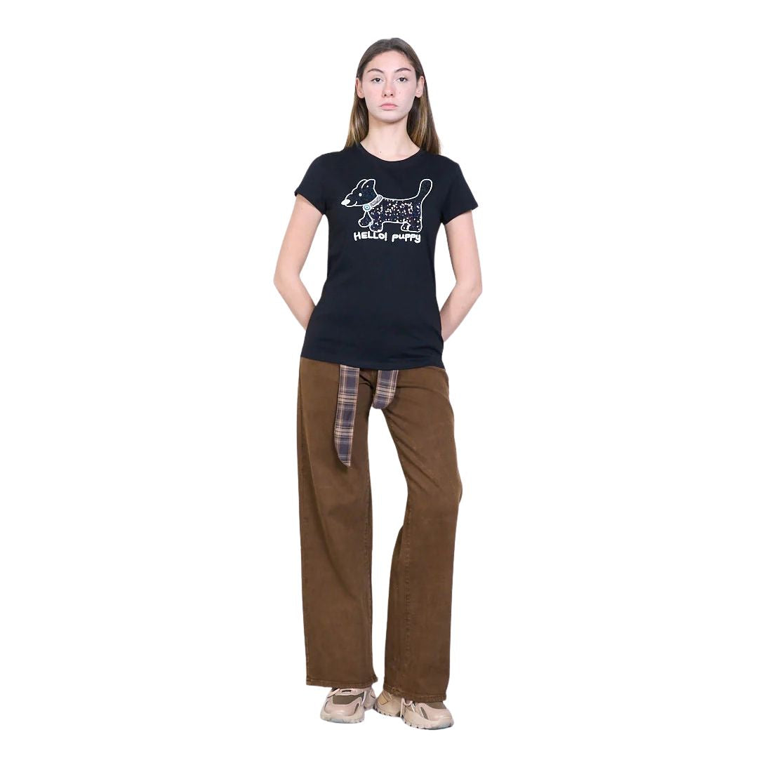T-shirt donna a maniche corte fantasia cane e paillettes, scritta "Hello! Puppy"
