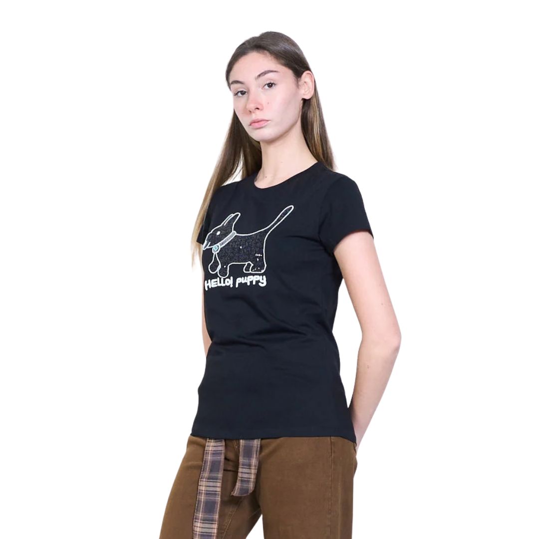 T-shirt donna a maniche corte fantasia cane e paillettes, scritta "Hello! Puppy"