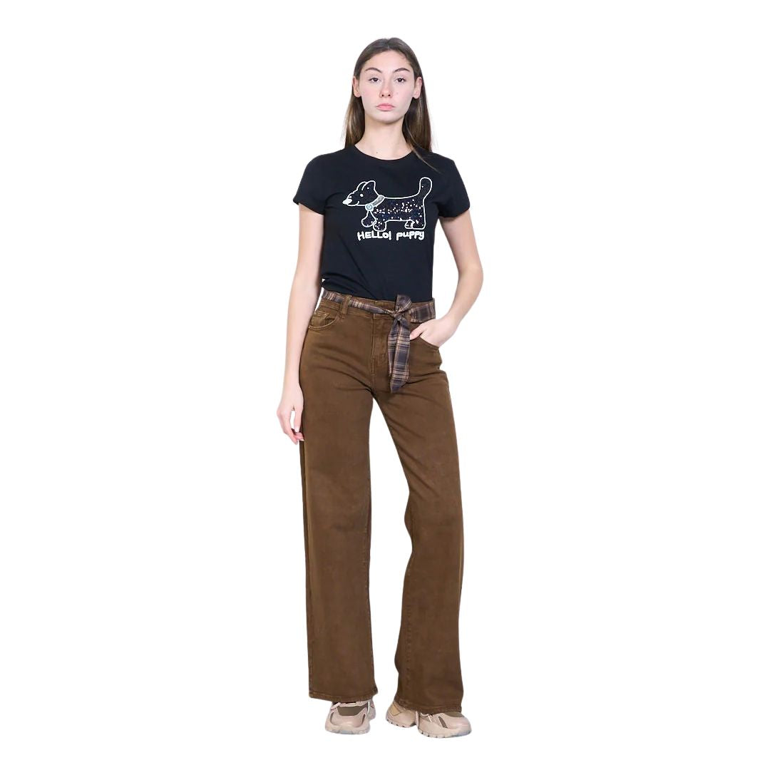 T-shirt donna a maniche corte fantasia cane e paillettes, scritta "Hello! Puppy"
