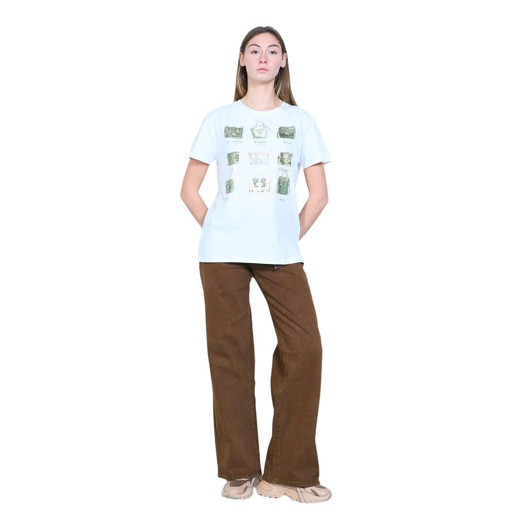T-shirt donna a maniche corte fantasia borsette con strass Made in Italy
