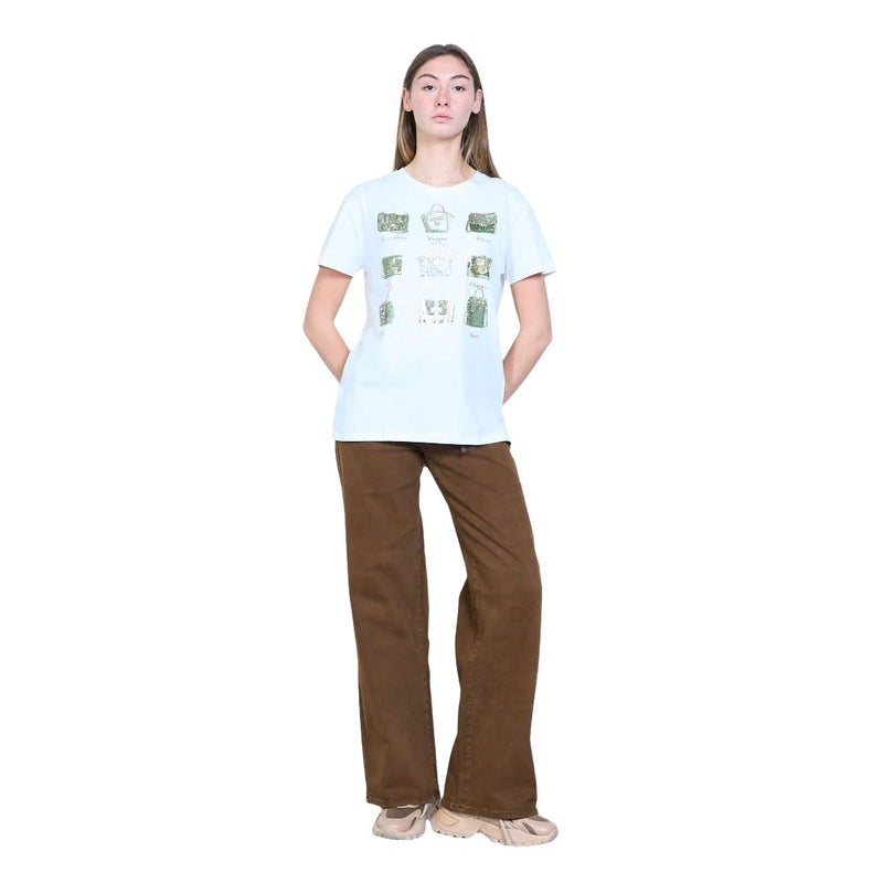 T-shirt donna a maniche corte fantasia borsette con strass Made in Italy