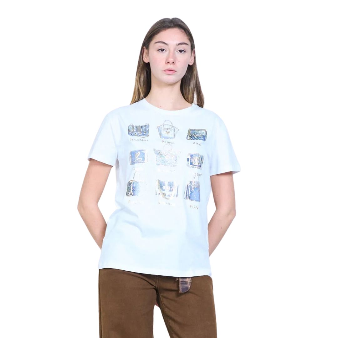 T-shirt donna a maniche corte fantasia borsette con strass Made in Italy