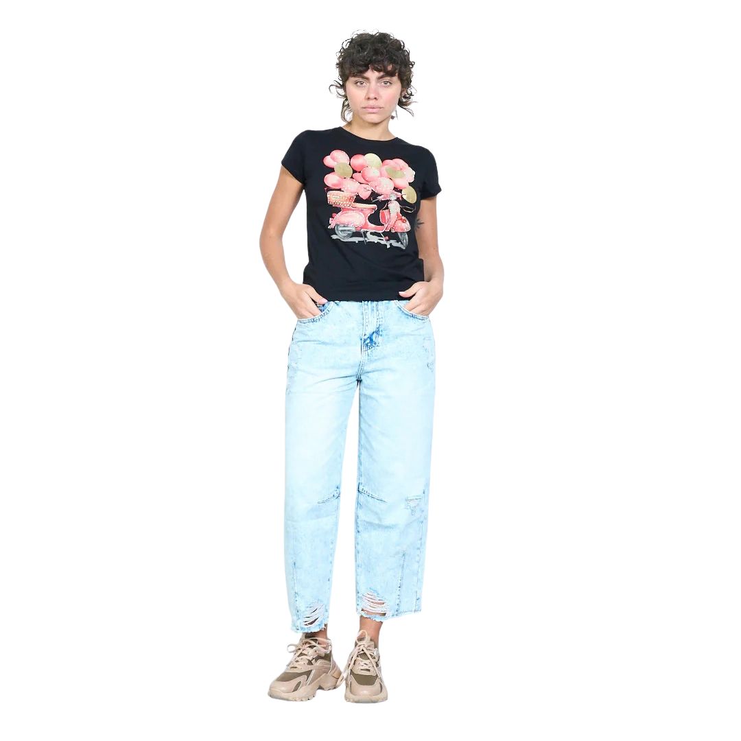 T-shirt donna a maniche corte con disegno vespa, palloncini e cuori con strass