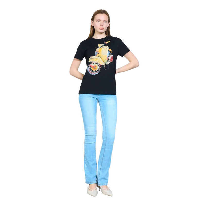 T-shirt donna a maniche corte con disegno vespa gialla e strass Made in Italy