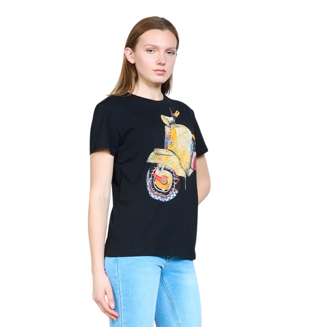 T-shirt donna a maniche corte con disegno vespa gialla e strass Made in Italy