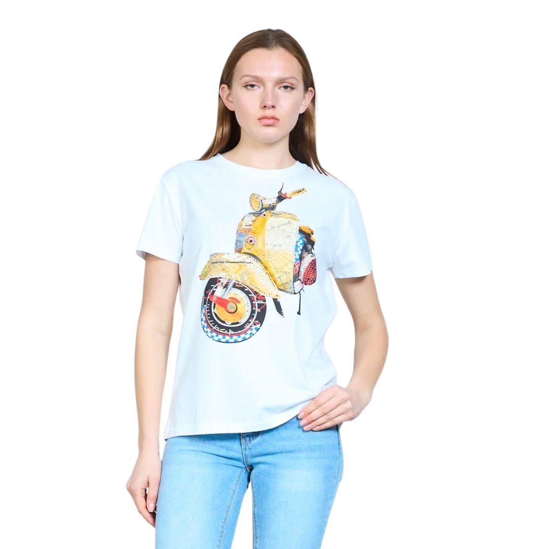 T-shirt donna a maniche corte con disegno vespa gialla e strass Made in Italy