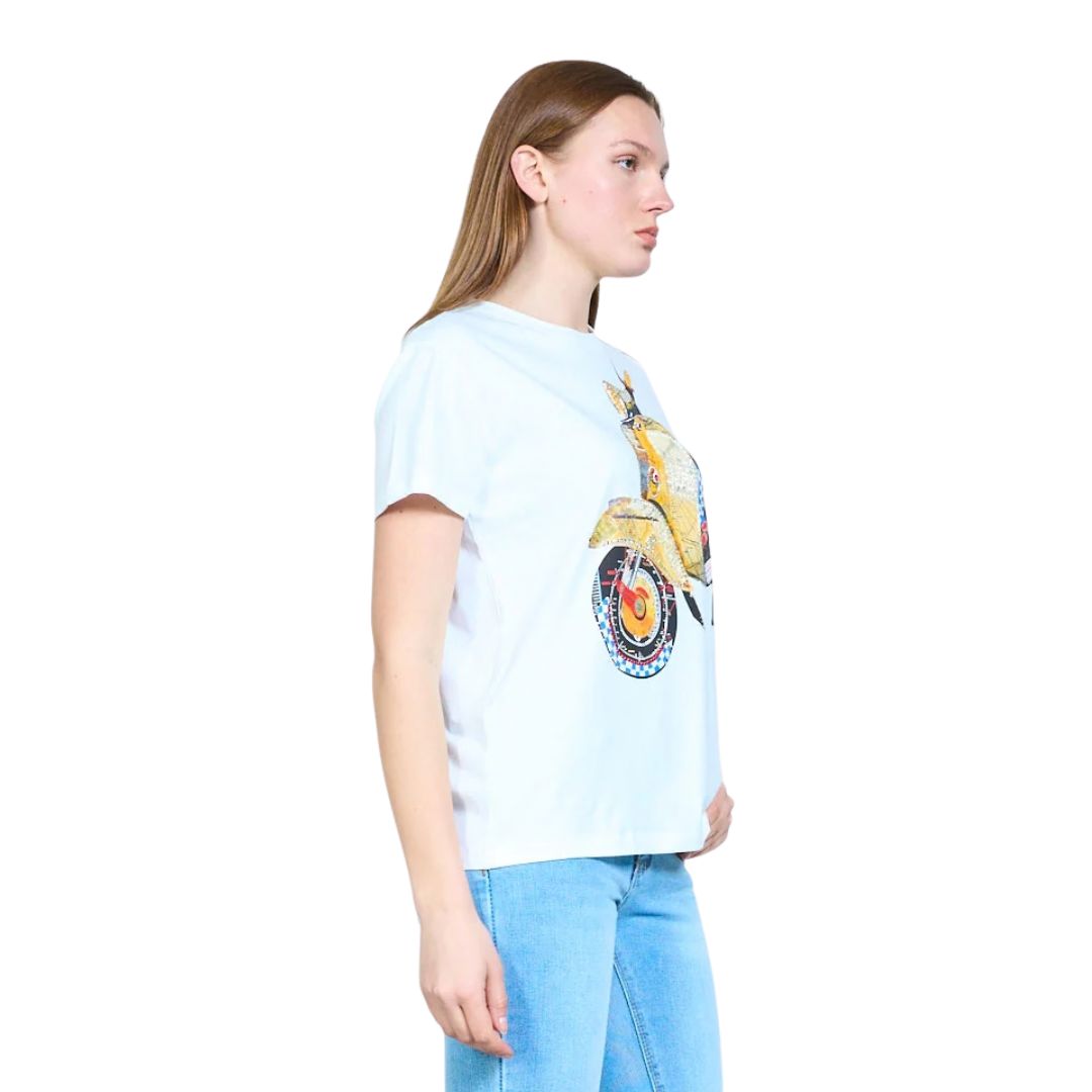 T-shirt donna a maniche corte con disegno vespa gialla e strass Made in Italy