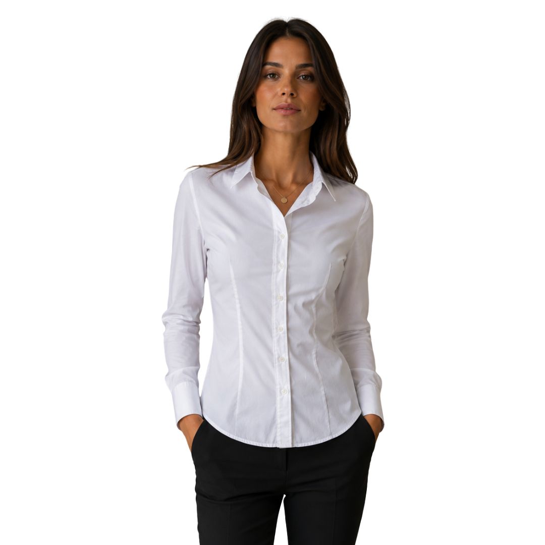 Camicia donna elasticizzata a tinta unita con pinces posteriori Made in Italy