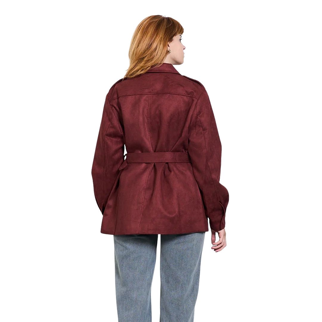 Trench donna scamosciato con cintura in vita e tasche frontali