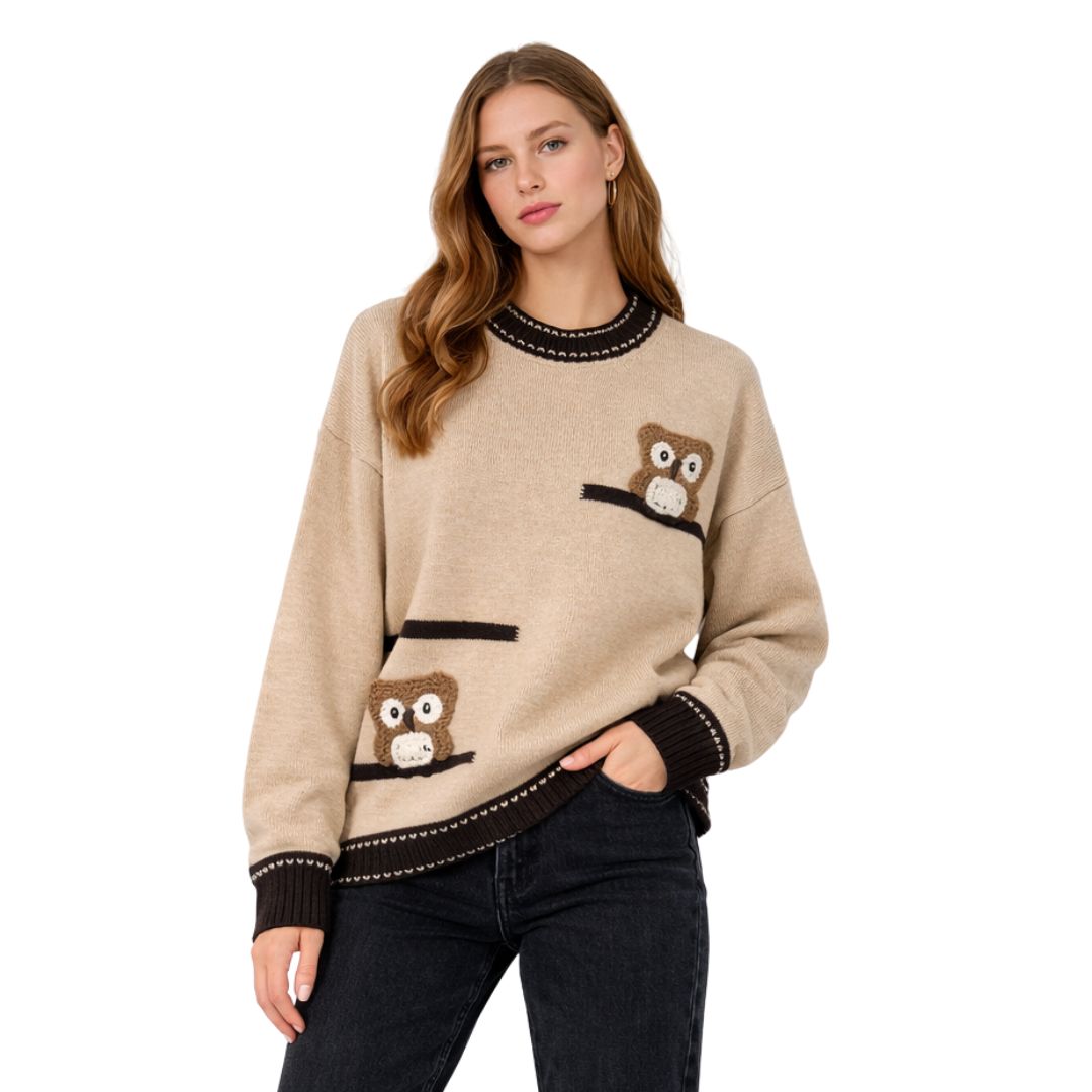 Maglia donna collo rotondo fantasia gufi con cashmere e lana