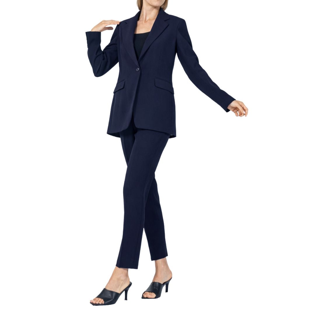 Completo donna giacca monobottone e finte tasche, pantaloni a sigaretta con zip