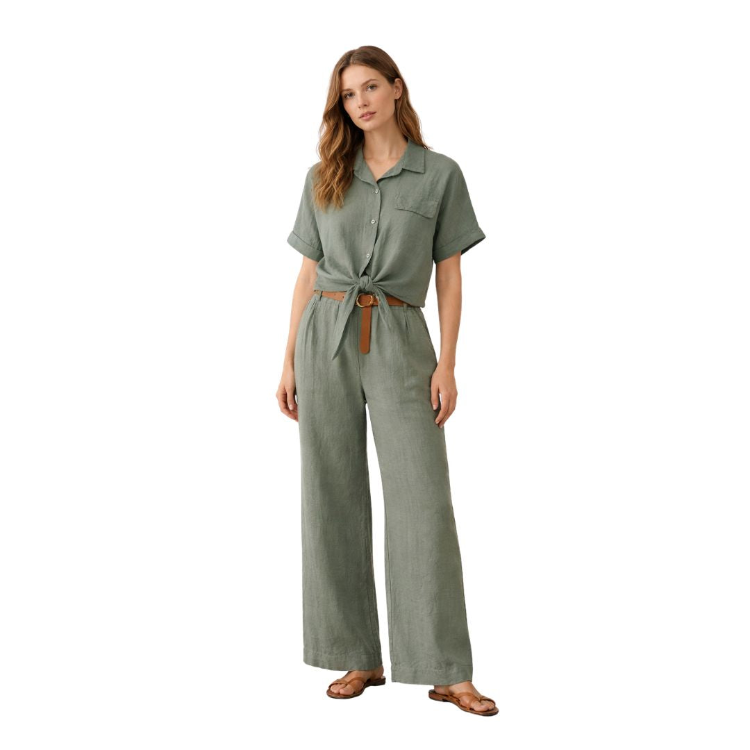 Pantalone donna gamba ampia in 100% lino, con cintura e vita elasticizzata