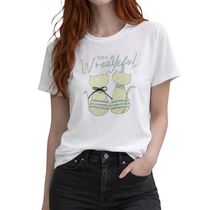 T-shirt donna a maniche corte fantasia gatti con strass e applicazioni