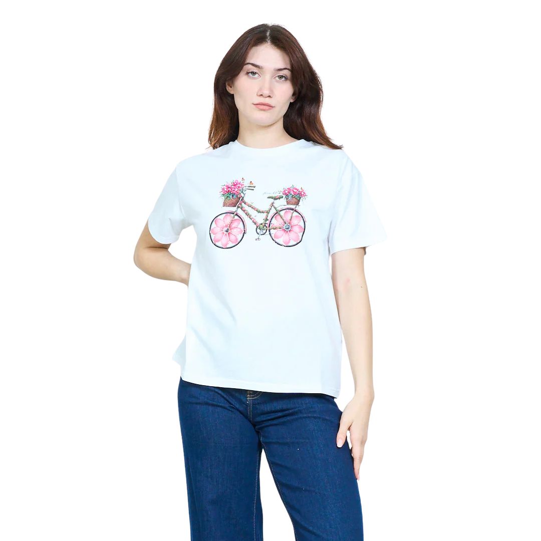 T-shirt donna a maniche corte fantasia bici con strass e perline Made in Italy