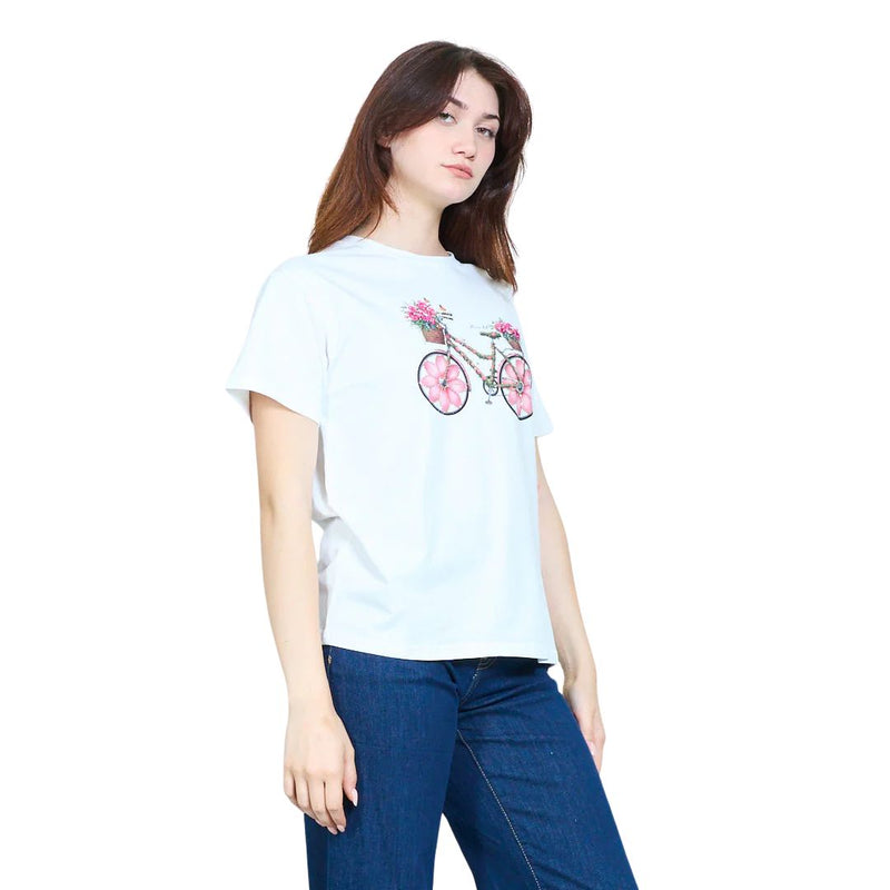 T-shirt donna a maniche corte fantasia bici con strass e perline Made in Italy