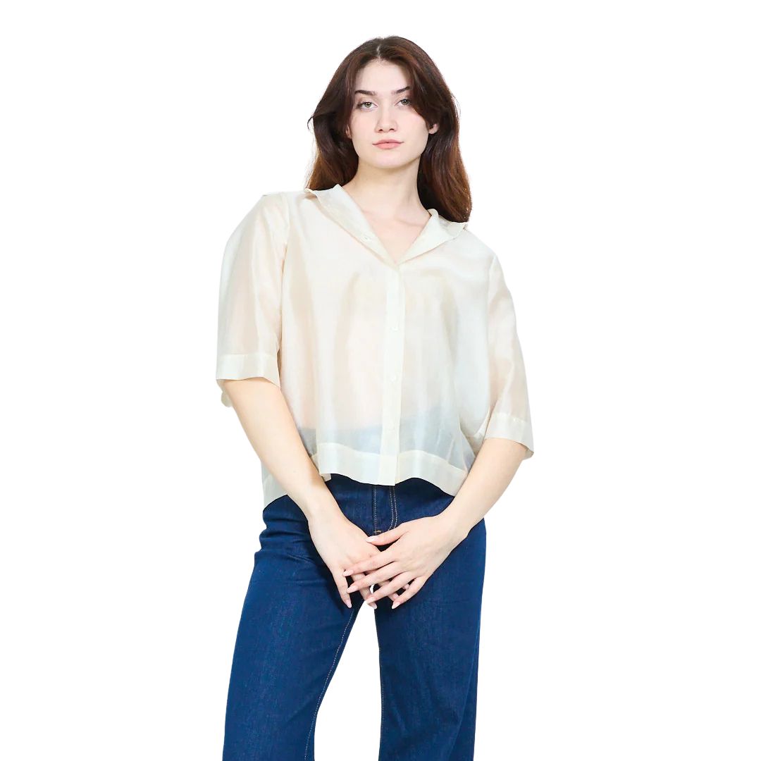 Camicia donna semitrasparente, manica 3/4, collo 1/2 francese Made in Italy