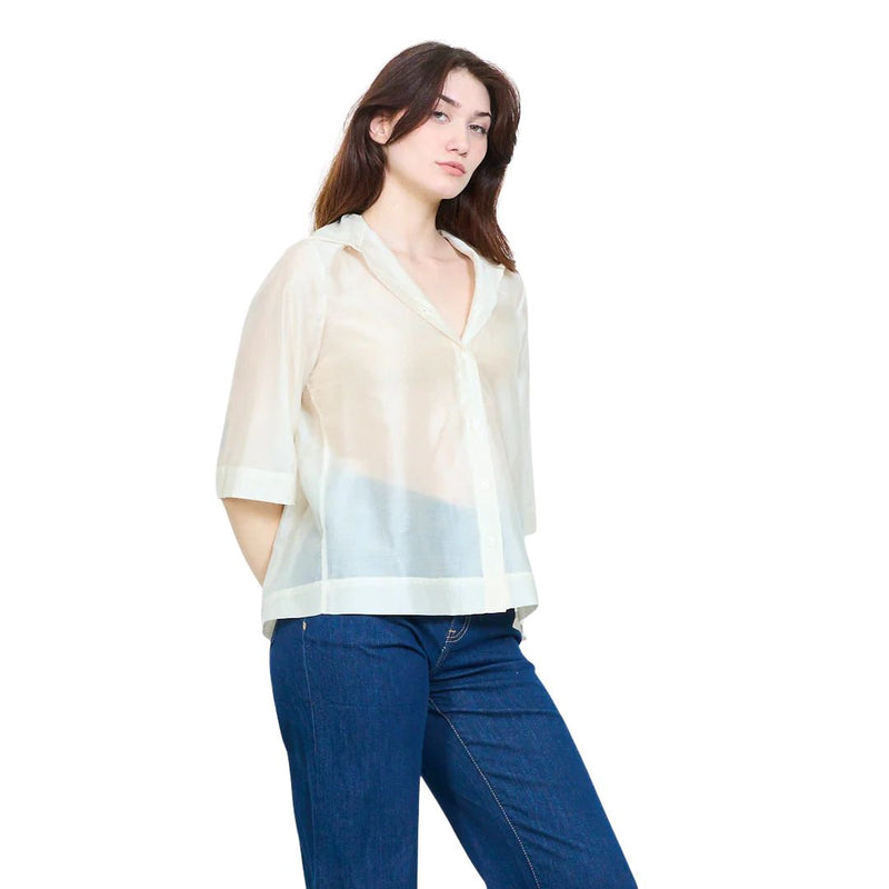 Camicia donna semitrasparente, manica 3/4, collo 1/2 francese Made in Italy