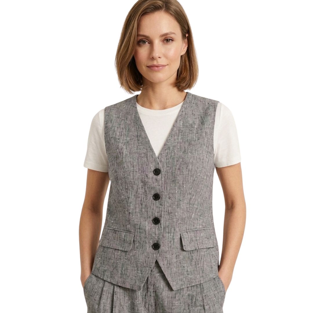 Gilet donna melange in 100% lino con tasche frontali Made in Italy