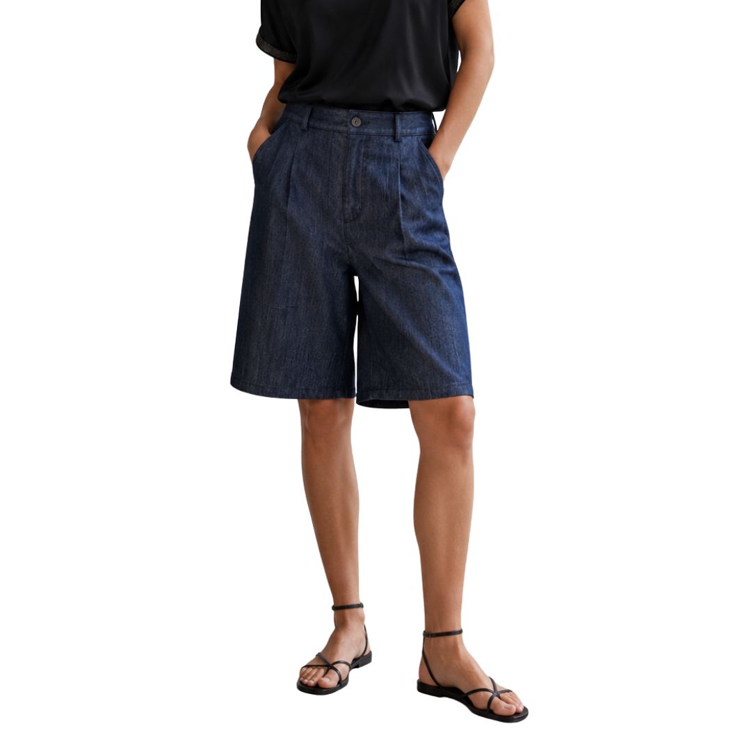 Shorts donna di jeans, misto cotone wide leg, pinces frontali, con tasche