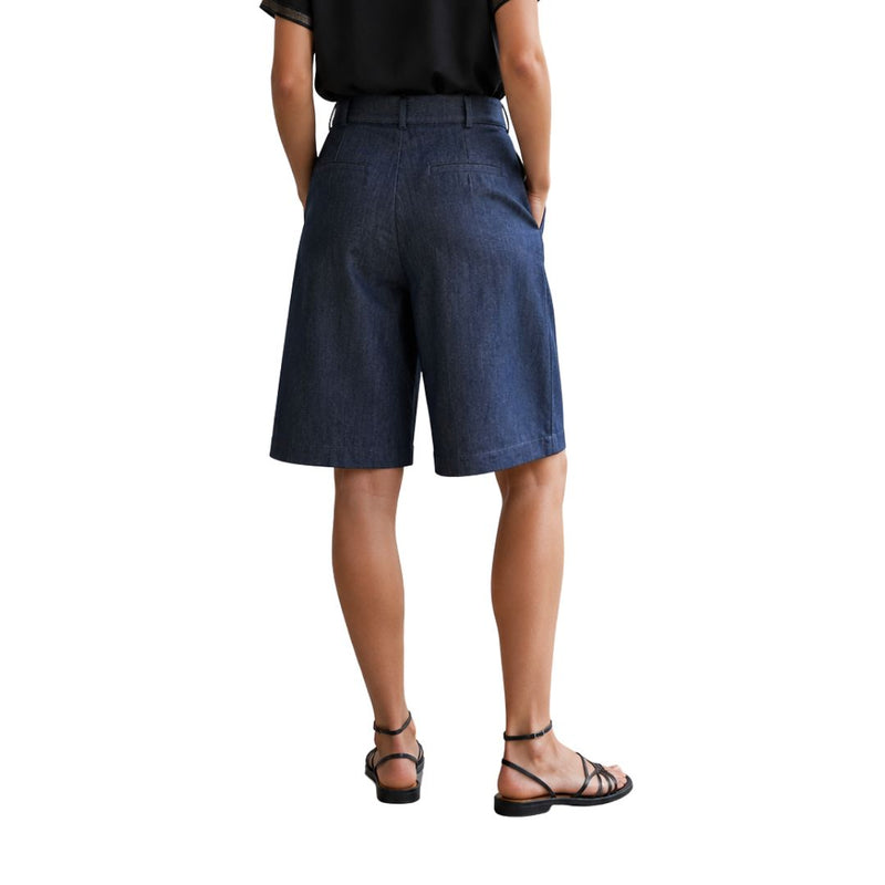Shorts donna di jeans, misto cotone wide leg, pinces frontali, con tasche
