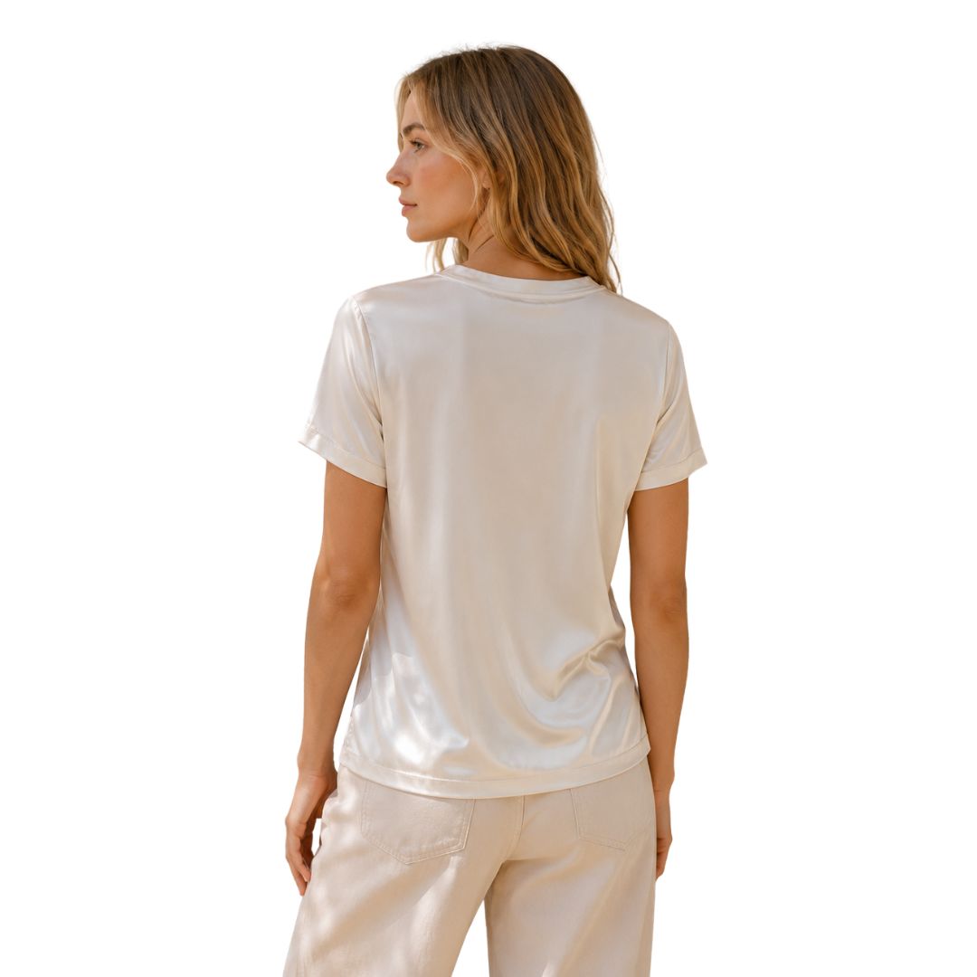 T-shirt donna a maniche corte, scollo tondo, in viscosa lucida Made in Italy