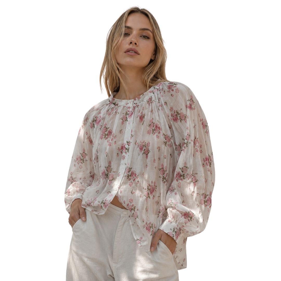 Blusa donna semitrasparente, scollo tondo fantasia rose Made in Italy