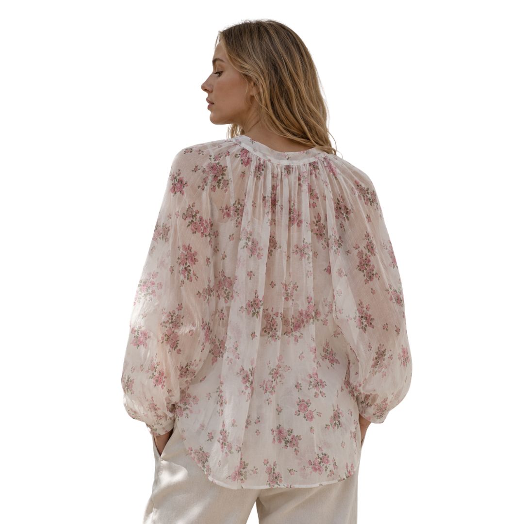 Blusa donna semitrasparente, scollo tondo fantasia rose Made in Italy