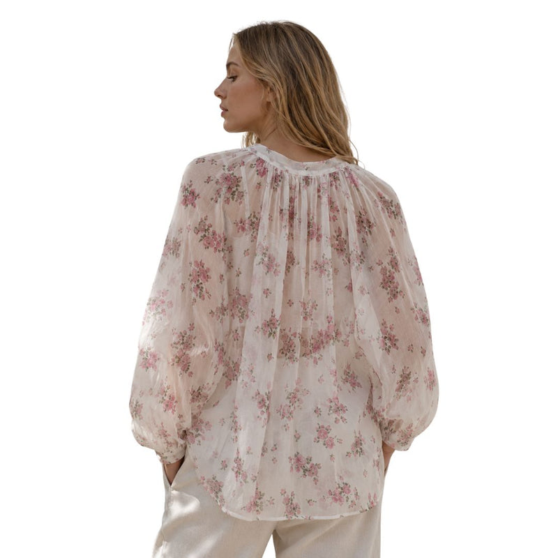 Blusa donna semitrasparente, scollo tondo fantasia rose Made in Italy